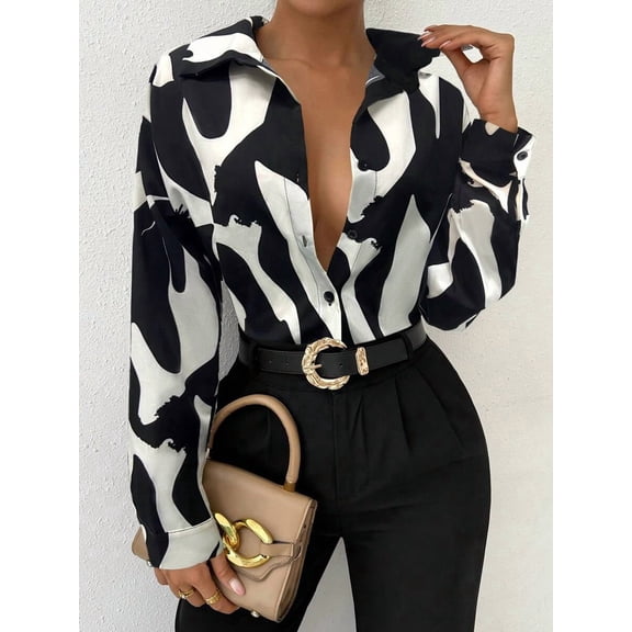 Women Long Sleeve Printed Button Down Shirt Business Casual Top for Fall Daily Wear