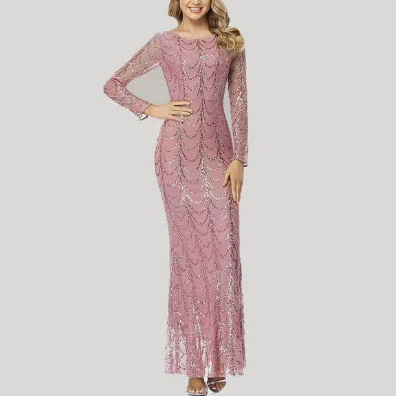 Women Long Sleeve Prom Dress Sequin Crew Neck Shiny Satin Slim Fit Formal Evening Dress Women Dresses Formal Evening Dress Long Sparkly Dress Long Wedding Dresses for Guests Masquerade Dresses for