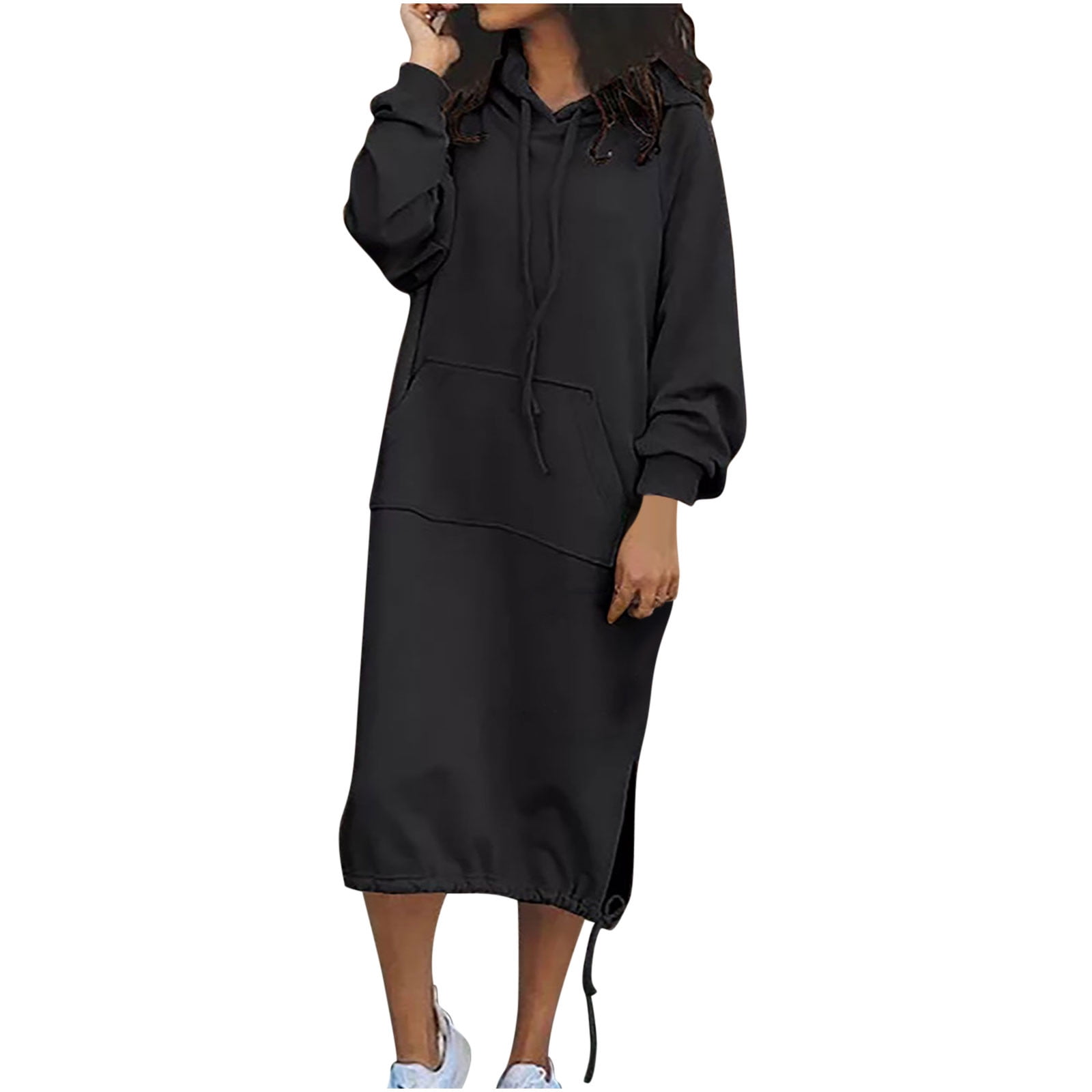 Women Long Sleeve Pullover Hoodie Dress Solid Color Pocket Sweatshirt  Casual Drawstring Loose Midi Dress Plus Size