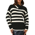 thumbnail image 1 of Women Long Sleeve Pullover Sweaters Striped Lapel Collar Color Block Casual Loose Blouses Tops M Black, 1 of 6