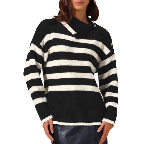 Women Long Sleeve Pullover Sweaters Striped Lapel Collar Color Block Casual Loose Blouses Tops M Black