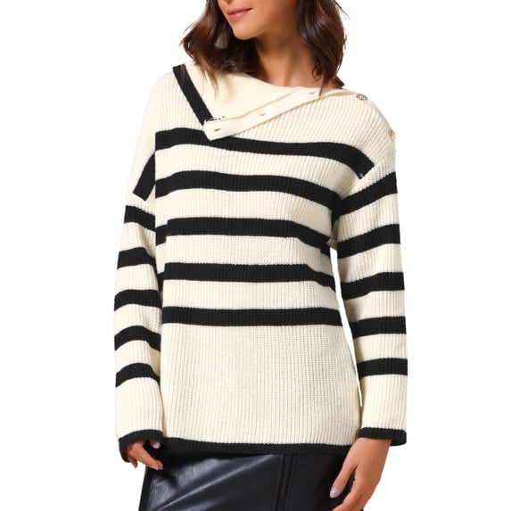 Women Long Sleeve Pullover Sweaters Striped Lapel Collar Color Block Casual Loose Blouses Tops S Apricot