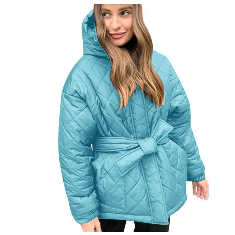Women Long Sleeve Quilted Jacket Coat Winter Fashion Belted Padded Warm Hood  Puffer Outerwear With Pockets