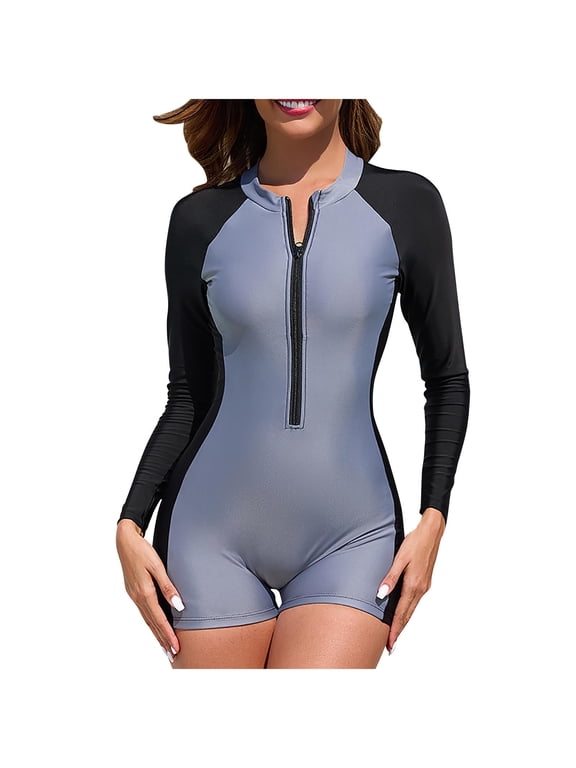 Women Long Sleeve Rash Guard 2 Piece with Bottom Zipper Swimsuit UPF 50 Sun Protection Bathing Suit
