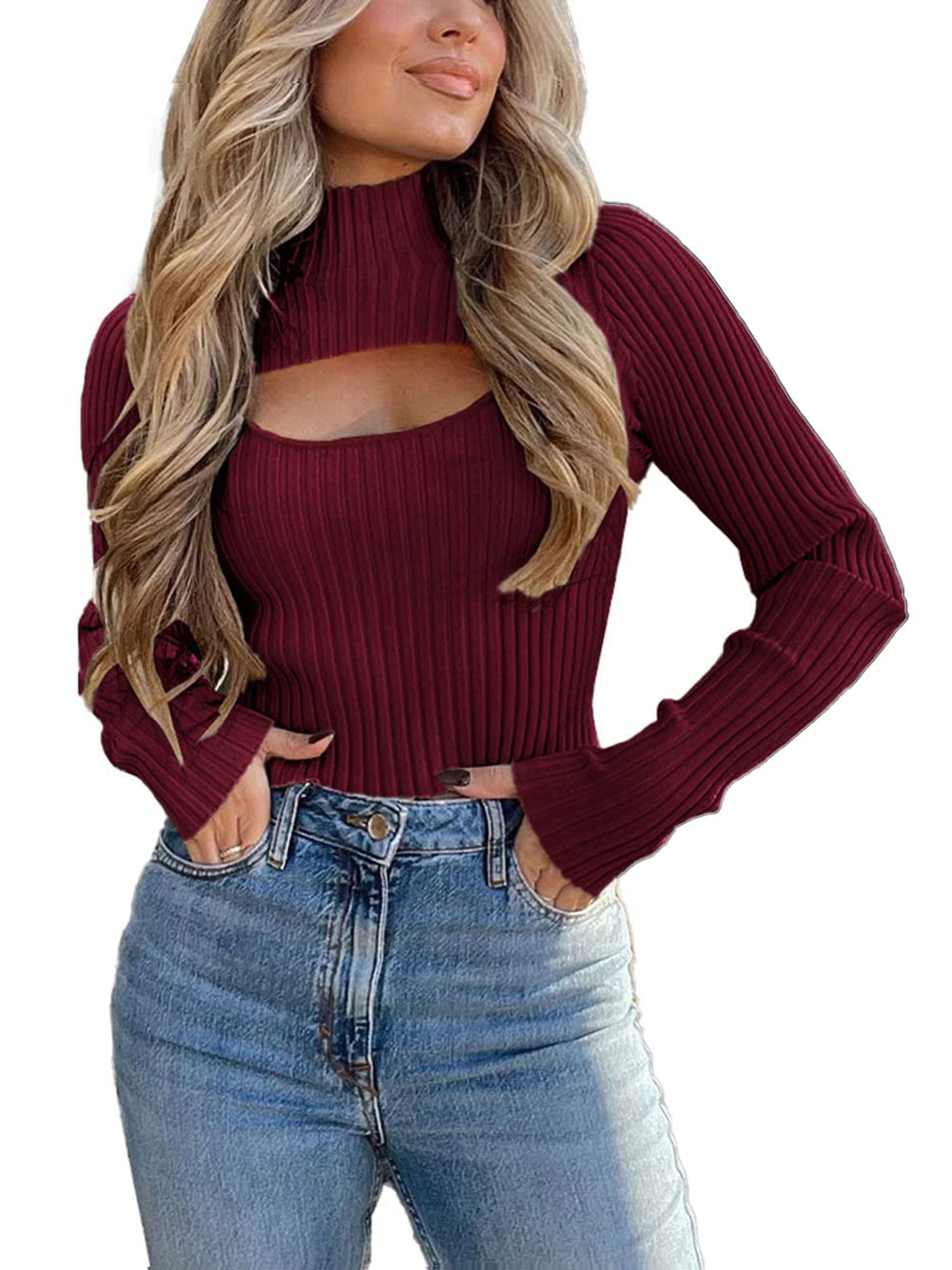 Women's 2 Piece Cutout Tops Halter Cami Tops and Flare Sleeve Crop Top  Shrug Set Rib Knit Fitted Pullover Sweater (Beige, S) at  Women's  Clothing store