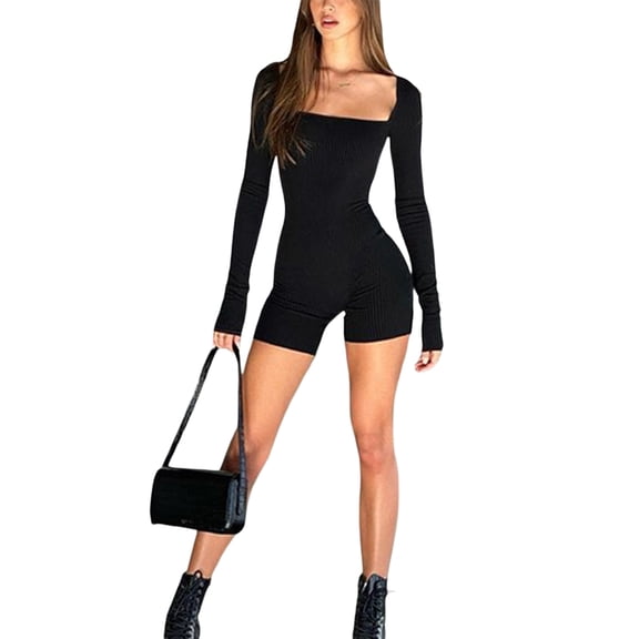 Women Long Sleeve Ribbed Bodysuit Square Neck Slim Fit Short Jumpsuit One Piece Romper