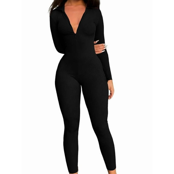Women Long Sleeve Ribbed Jumpsuit Zip Up Front Workout Bodycon Romper Black M