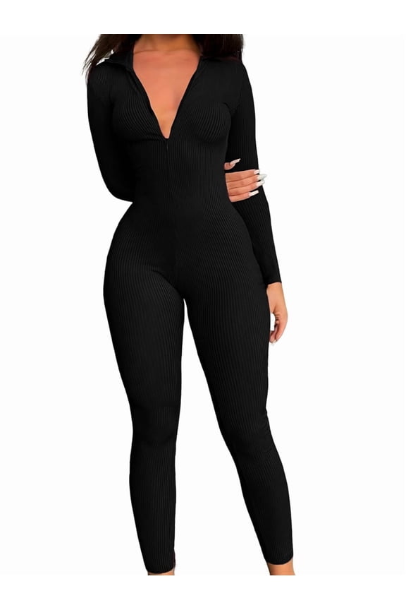 Women Long Sleeve Ribbed Jumpsuit Zip Up Front Workout Bodycon Romper Black M