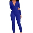 thumbnail image 1 of Women Long Sleeve Ribbed Jumpsuit Zip Up Front Workout Bodycon Romper Blue XXL, 1 of 6