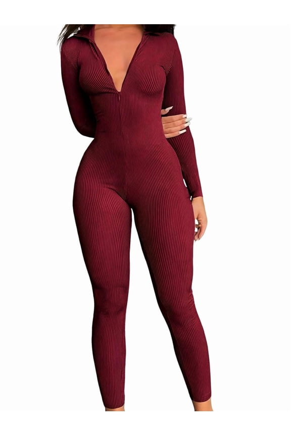 Women Long Sleeve Ribbed Jumpsuit Zip Up Front Workout Bodycon Romper Wine Red L
