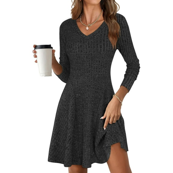 Women Long Sleeve Ribbed Knit Short Dresses  Fall Winter V Neck Casual Swing A Line Sweater Dress
