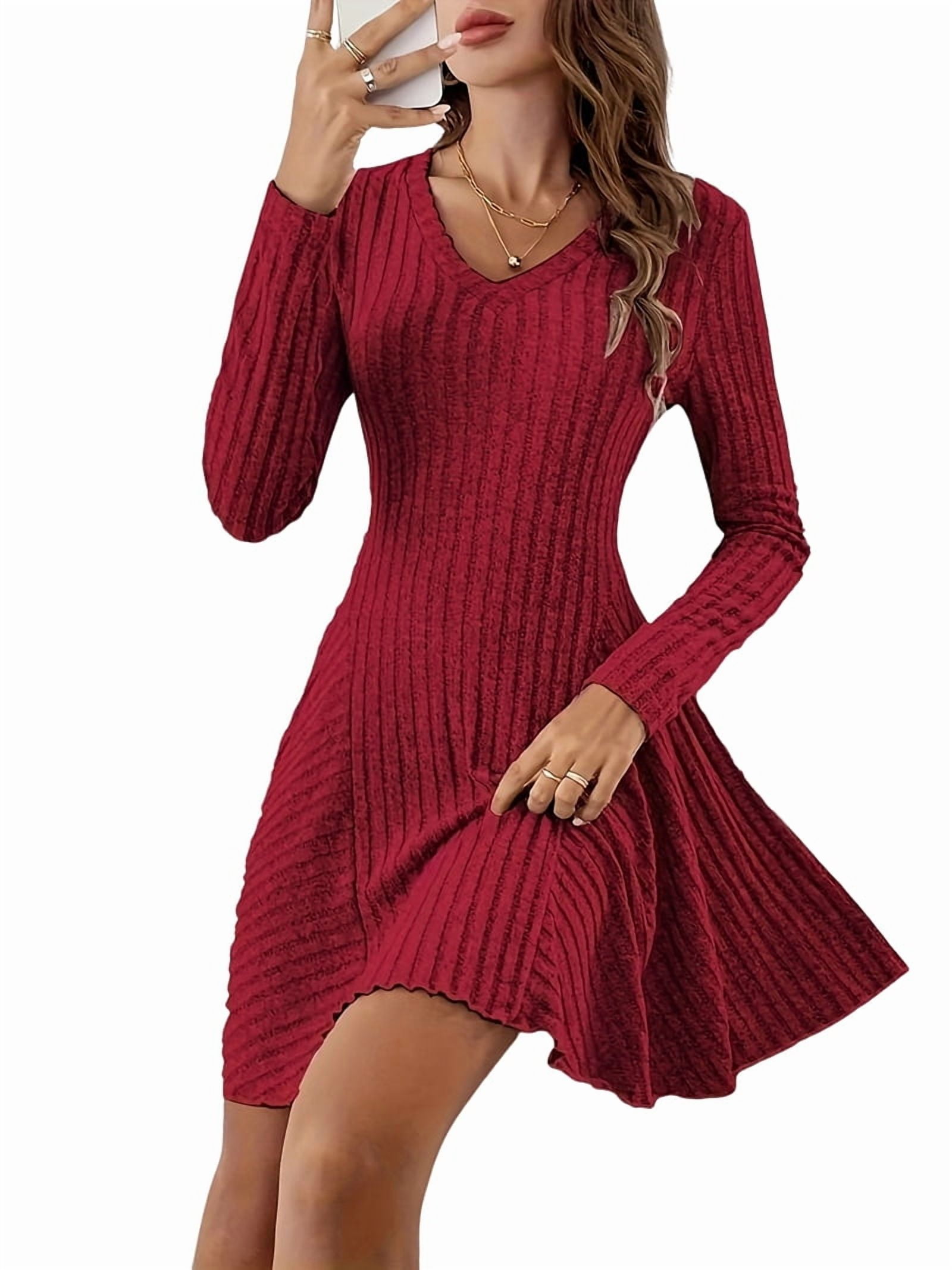 Women Long Sleeve Ribbed Knit Short Dresses Fall Winter V Neck Casual Swing A Line Sweater Dress