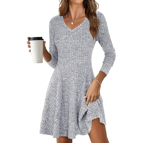Women Long Sleeve Ribbed Knit Short Dresses  Fall Winter V Neck Casual Swing A Line Sweater Dress