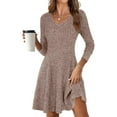 thumbnail image 1 of Women Long Sleeve Ribbed Knit Short Dresses  Fall Winter V Neck Casual Swing A Line Sweater Dress, 1 of 16