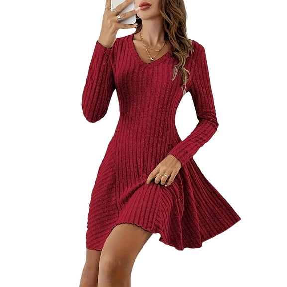 Women Long Sleeve Ribbed Knit Short Dresses Fall Winter V Neck Casual Swing A Line Sweater Dress