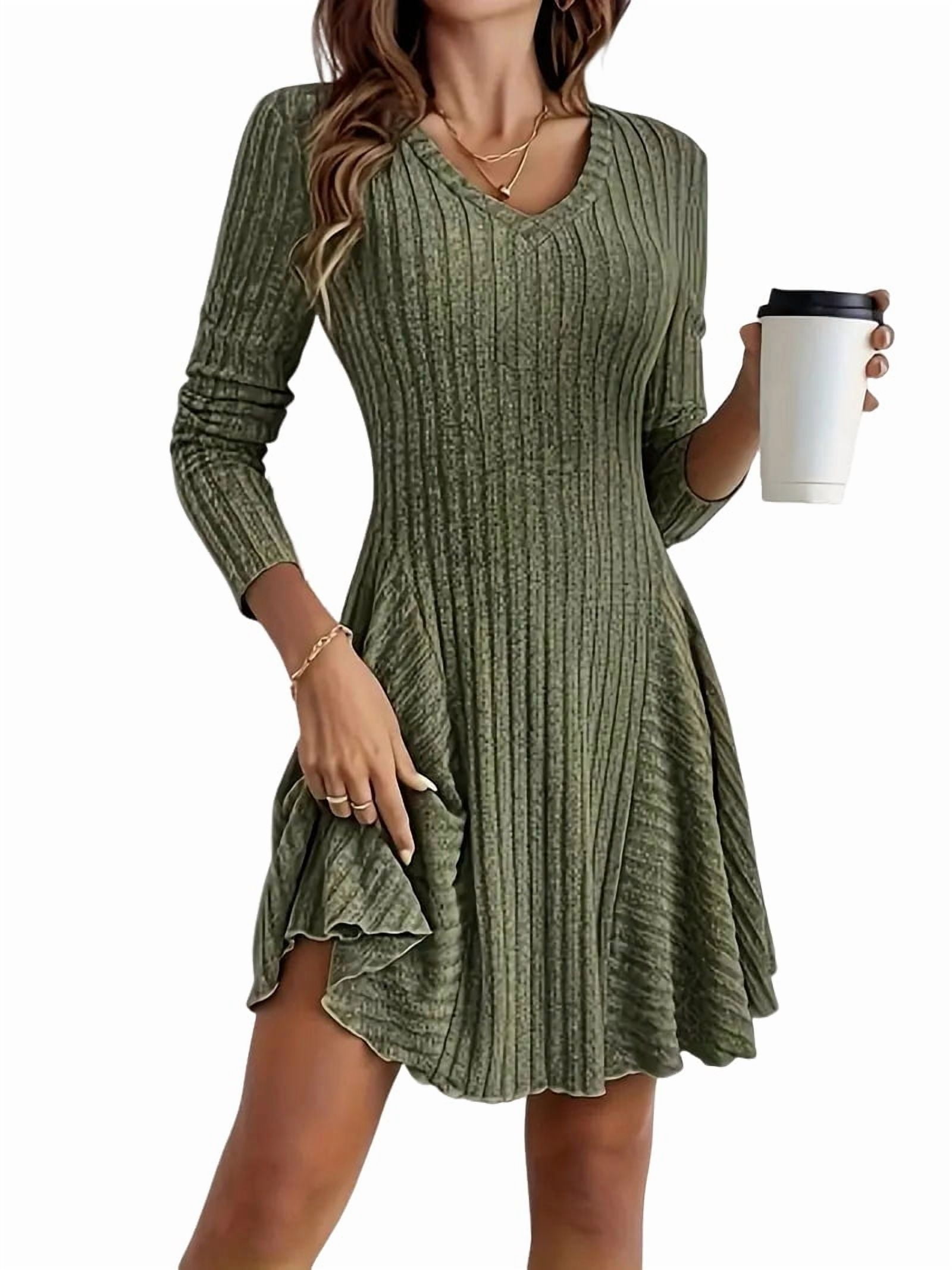 Women Long Sleeve Ribbed Knit Short Dresses Fall Winter V Neck Casual Swing A Line Sweater Dress Green M
