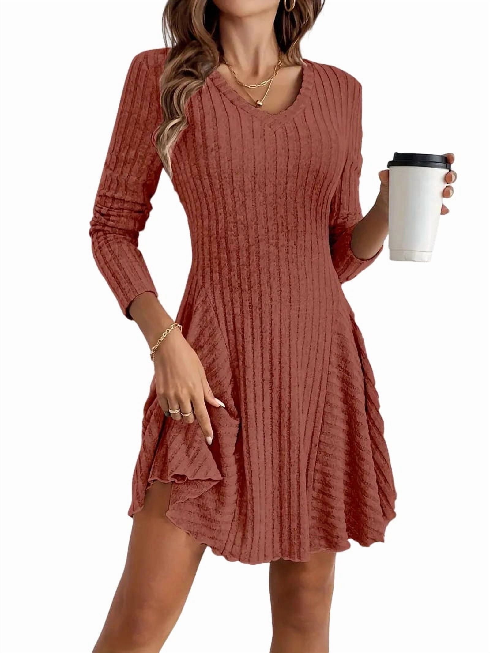 Women Long Sleeve Ribbed Knit Short Dresses Fall Winter V Neck Casual Swing A Line Sweater Dress