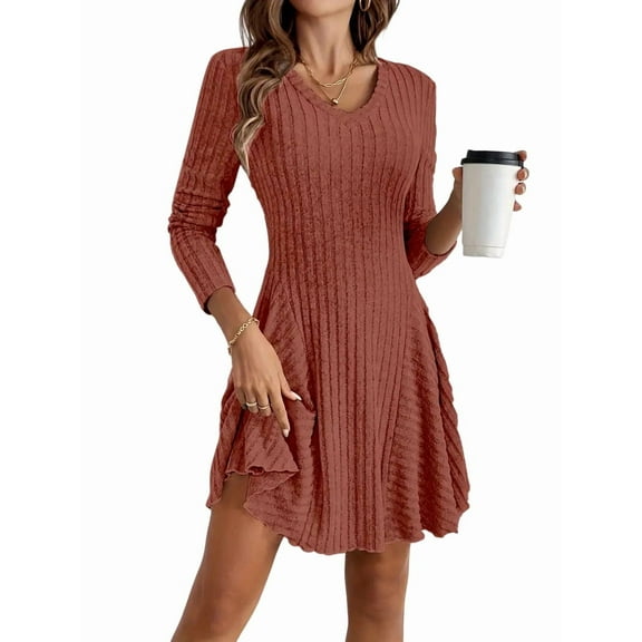 Women Long Sleeve Ribbed Knit Short Dresses Fall Winter V Neck Casual Swing A Line Sweater Dress Brick Red S