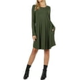 thumbnail image 1 of Women Long Sleeve Round Hem A-Line Pleated Swing Dress with Side Pockets (ARMY GREEN, X-Large), 1 of 3