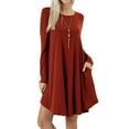 thumbnail image 1 of Women Long Sleeve Round Hem A-Line Pleated Swing Dress with Side Pockets (DK RUST, Medium), 1 of 3