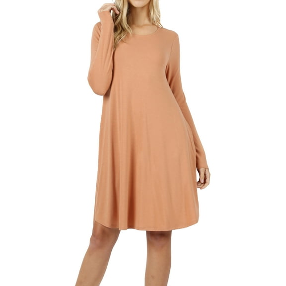 Women Long Sleeve Round Neck A-Line Pleated Knee Length Tunic Dress with Side Pockets (Camel, 2X)