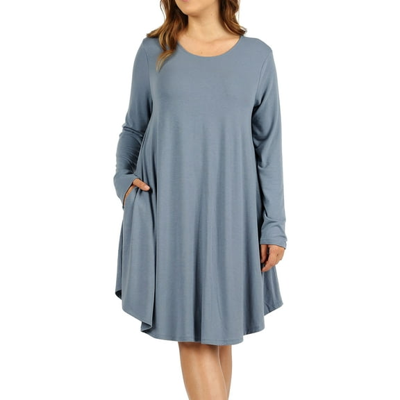 Women Long Sleeve Round Neck A-Line Pleated Knee Length Tunic Dress with Side Pockets (Cement, 3X)