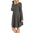 thumbnail image 1 of Women Long Sleeve Round Neck A-Line Pleated Knee Length Tunic Dress with Side Pockets (Charcoal, S), 1 of 4