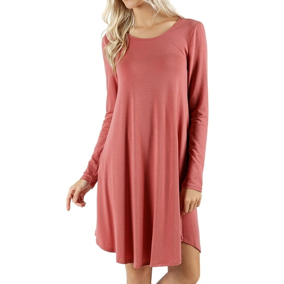 Women Long Sleeve Round Neck A-Line Pleated Knee Length Tunic Dress with Side Pockets (D Rose, 2X)
