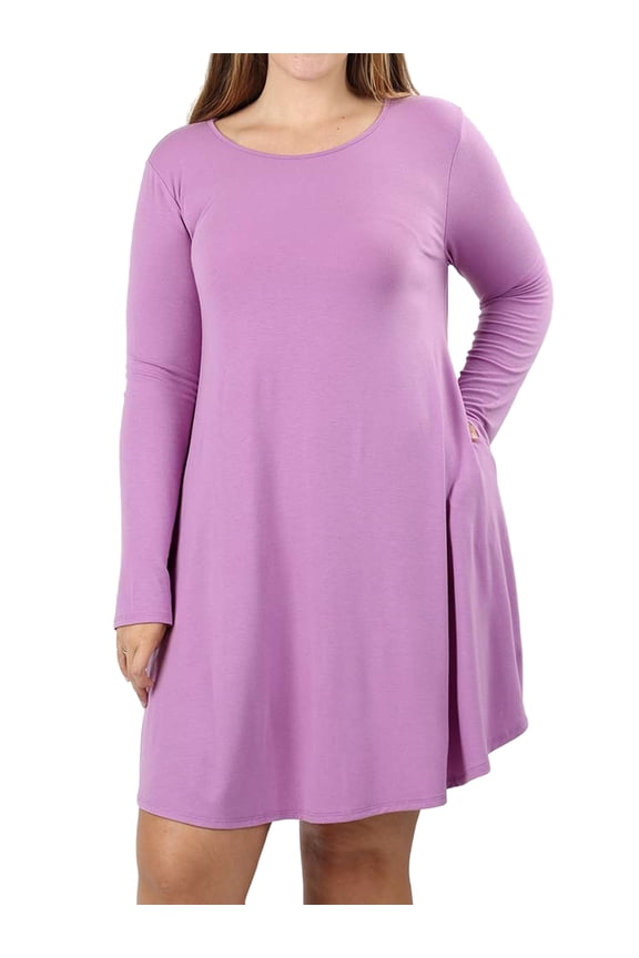 Women Long Sleeve Round Neck A-Line Pleated Knee Length Tunic Dress with Side Pockets (DK Mauve, 3X)