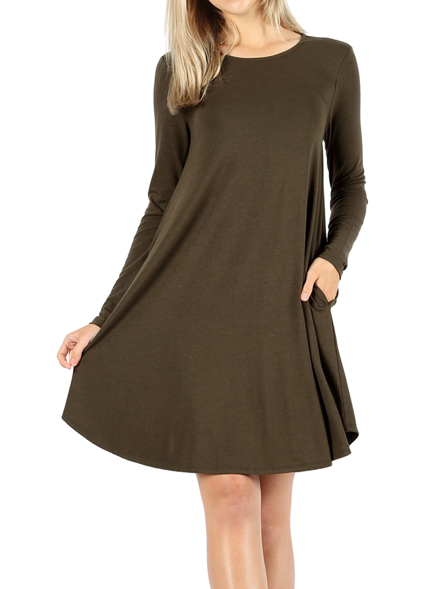 U-Neck Tie Waist Detail Long Sleeve Tunic Dress