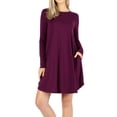 thumbnail image 1 of Women Long Sleeve Round Neck A-Line Pleated Knee Length Tunic Dress with Side Pockets (DK Plum, M), 1 of 4