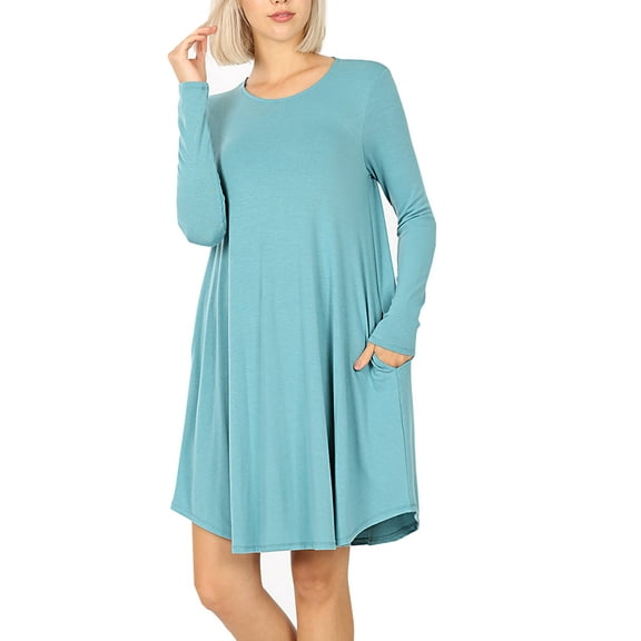 Women Long Sleeve Round Neck A-Line Pleated Knee Length Tunic Dress with Side Pockets (Denim Blue, 1X)