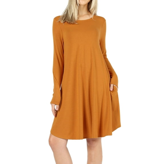 Women Long Sleeve Round Neck A-Line Pleated Knee Length Tunic Dress with Side Pockets (Desert Mustard, M)
