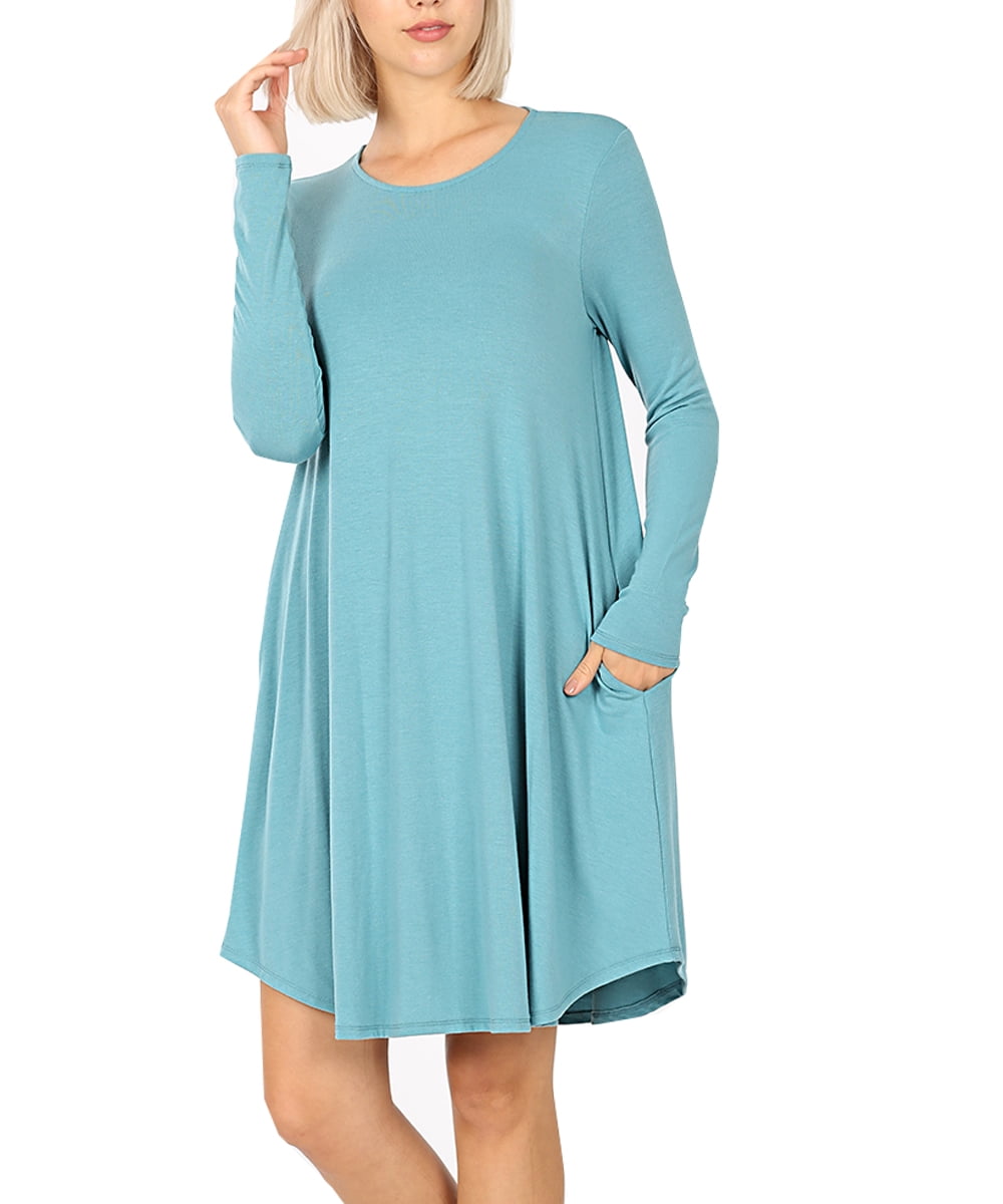 Women Long Sleeve Round Neck A-Line Pleated Knee Length Tunic Dress with Side Pockets (Dusty Teal, 3X)
