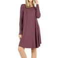 thumbnail image 1 of Women Long Sleeve Round Neck A-Line Pleated Knee Length Tunic Dress with Side Pockets (EGGPLANT, Medium), 1 of 4