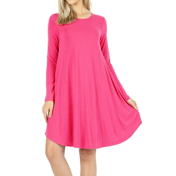 Women Long Sleeve Round Neck A-Line Pleated Knee Length Tunic Dress with Side Pockets (FUCHSIA, Large)