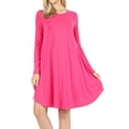 thumbnail image 1 of Women Long Sleeve Round Neck A-Line Pleated Knee Length Tunic Dress with Side Pockets (FUCHSIA, Small), 1 of 4