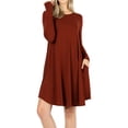 thumbnail image 1 of Women Long Sleeve Round Neck A-Line Pleated Knee Length Tunic Dress with Side Pockets (Fired Brick, L), 1 of 4