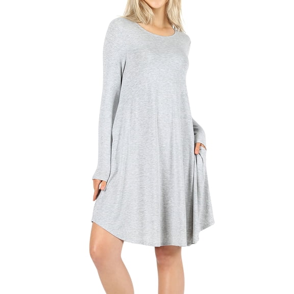 Women Long Sleeve Round Neck A-Line Pleated Knee Length Tunic Dress with Side Pockets (H Grey, 2X)