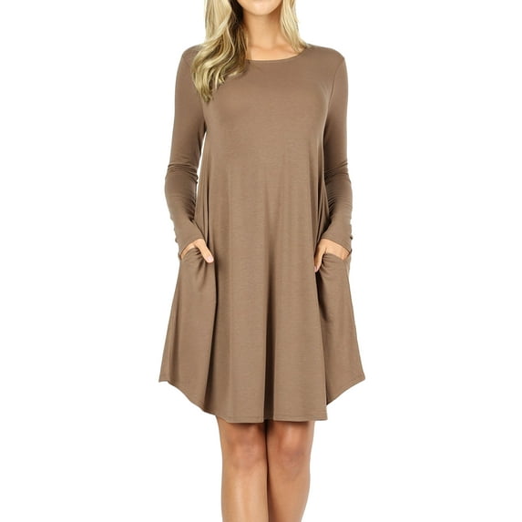 Women Long Sleeve Round Neck A-Line Pleated Knee Length Tunic Dress with Side Pockets (MOCHA, Medium)