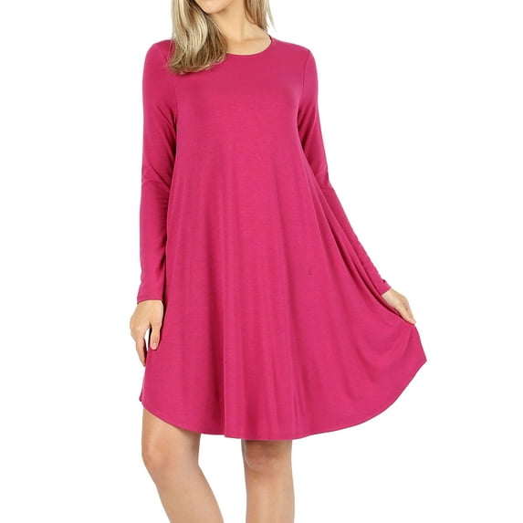Women Long Sleeve Round Neck A-Line Pleated Knee Length Tunic Dress with Side Pockets (Magenta, S)