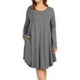 thumbnail image 1 of Women Long Sleeve Round Neck A-Line Pleated Knee Length Tunic Dress with Side Pockets (Mid Grey, 1X), 1 of 4