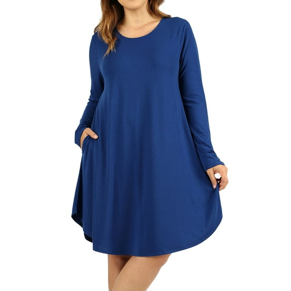 Women Long Sleeve Round Neck A-Line Pleated Knee Length Tunic Dress with Side Pockets (Mid Navy, 1X)