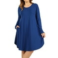 thumbnail image 1 of Women Long Sleeve Round Neck A-Line Pleated Knee Length Tunic Dress with Side Pockets (Mid Navy, 3X), 1 of 4