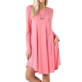 thumbnail image 1 of Women Long Sleeve Round Neck A-Line Pleated Knee Length Tunic Dress with Side Pockets (Rose, 2X), 1 of 4