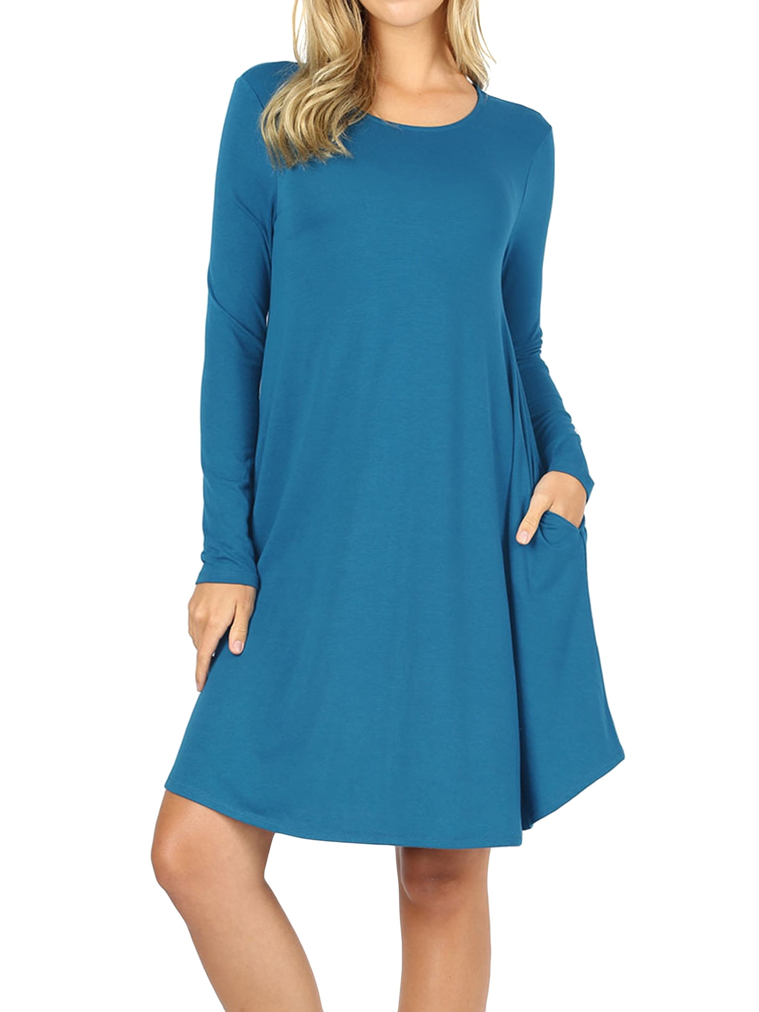 Pleated Round Neck Long Sleeve Dress