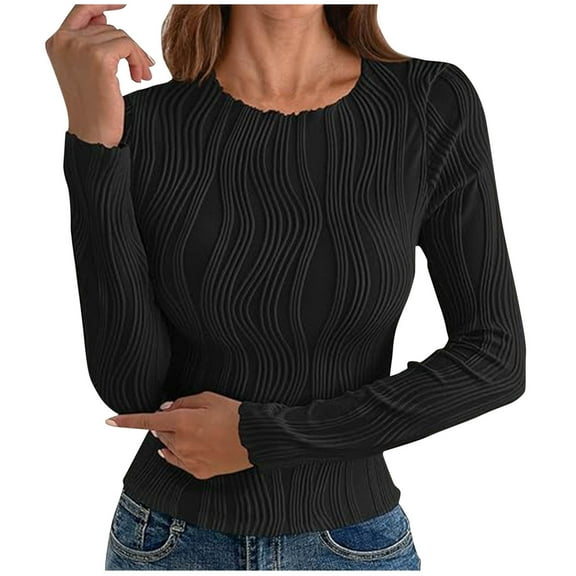 Women Long Sleeve Round-Neck Blouses Shirts Casual Textured Slim - Fitting Fashion Stretch Knit Top Outfits Fall Clothes Basic Winter Clothing