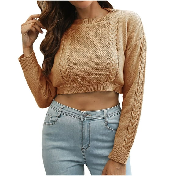Women Long Sleeve Round Neck Crop Sweater Tops Solid Color Casual Soft Comfy Knitted Sweater Blouse Pullover