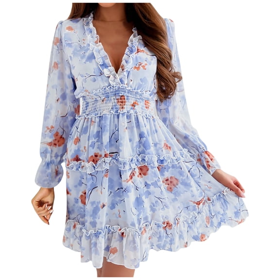 Women Long Sleeve Ruffle Layer Sexy V Neck Swing Mini Dress Floral Printed High Waist Beach Party Mini Short Dresses