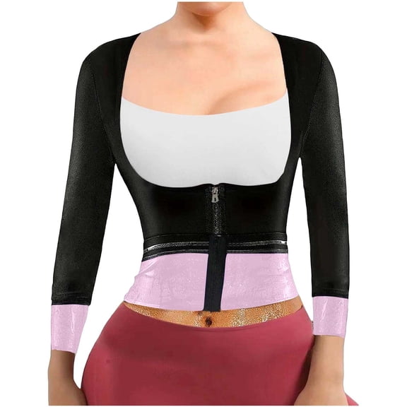 Women Long Sleeve Sauna Suit Hot Sweat Body Shaper Jacket Zipper Up Solid Color Coat Gym Running Fitness Exercise Outerwear